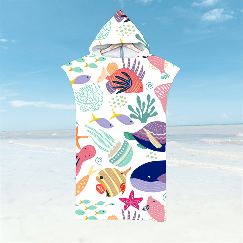 Hai-Bademantel, Strandtuch mit Tiefsee-Tieren, schnell trocknendes Badetuch, leichter Kapuzenumhang, Schwimmen, Surfen, Erwachsene, Damen, Herren, Poncho: Himmel Blau