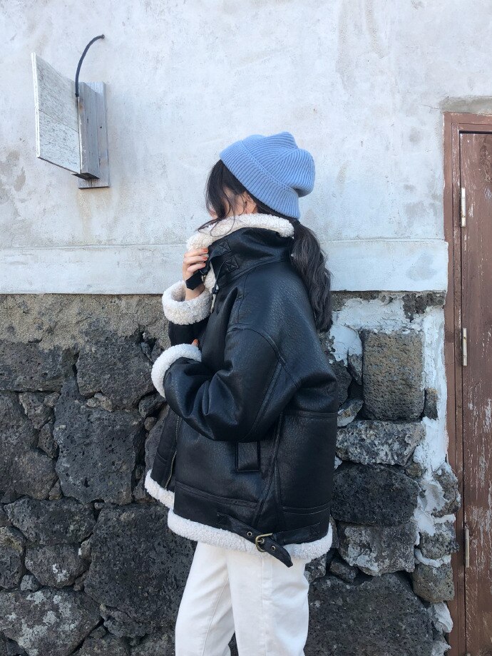 Abrigo de piel sintética de oveja para mujer, chaquetas de borreguito de manga larga a la , prendas de vestir con cremallera, abrigo cálido para otoño e invierno, novedad de: black / S