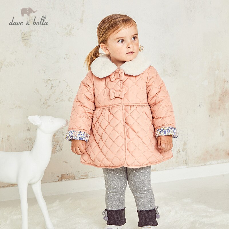 DBM14796-1 dave bella winter baby girls bow plaid pockets fur padded coat children tops infant toddler outerwear