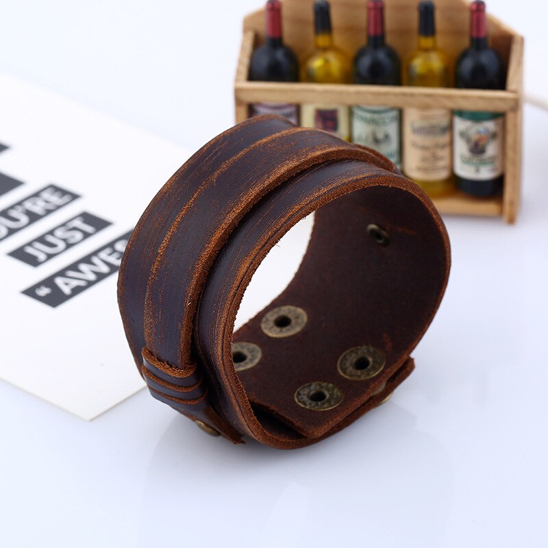 Pulseras de cuero marrón Vintage Punk para hombre y mujer, pulsera de doble capa, brazalete Ancho ajustable, joyería