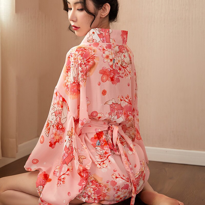 Japanese Kawaii Pink Kimono Sakura Print Short Belt with Bow Sexy Cosplay Women Raditional Style Robe Yukata Outfit Tradition