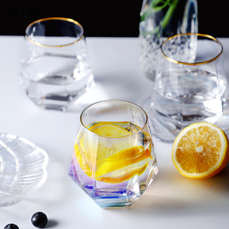 Jo life geometri whiskyglas diamant gyllene kant transparent kristall tumlare glas kopp kaffe mjölk te mugg