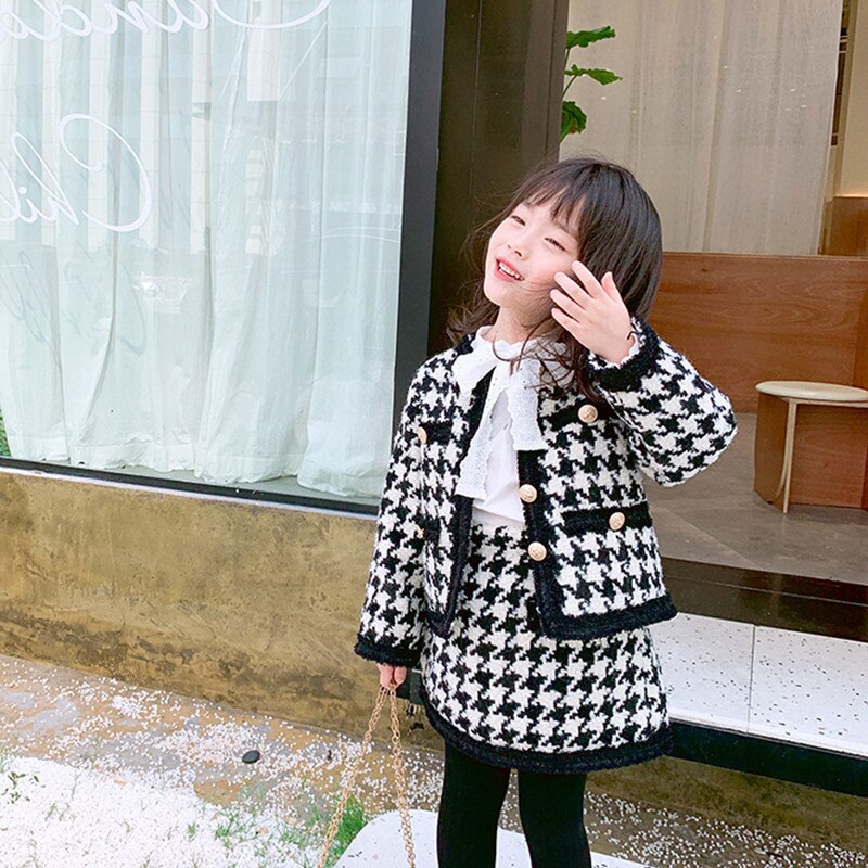 Ropa de invierno para niño niña, conjunto de suéter para niña pequeña, cárdigan, suéter, camiseta + falda a cuadros, traje de ropa de punto de dos piezas