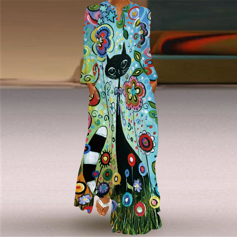 Robe transfrontalière européenne et américaine pour femmes, col en v, manches longues, Sexy, imprimée, grande poche, commerce extérieur, 2024: XXL / BLEU CIEL