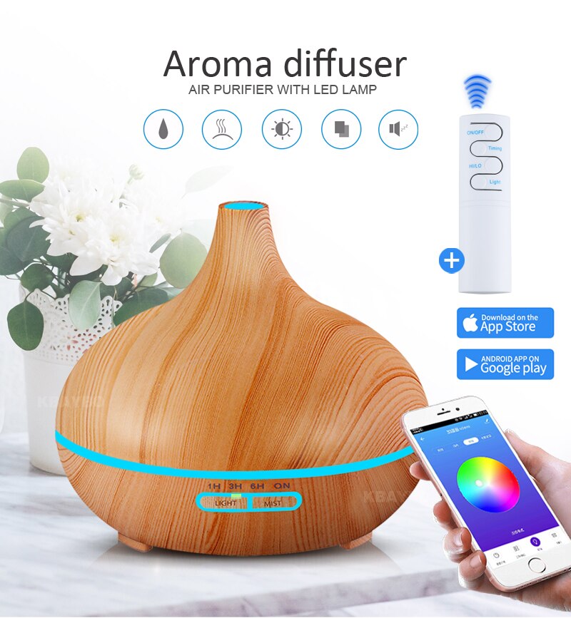 Air Humidifier Essential Oil Diffuser Aroma Lamp Aromatherapy Electric Aroma Diffuser Mist Maker Smart APP Remote Control: light wood / US Plug