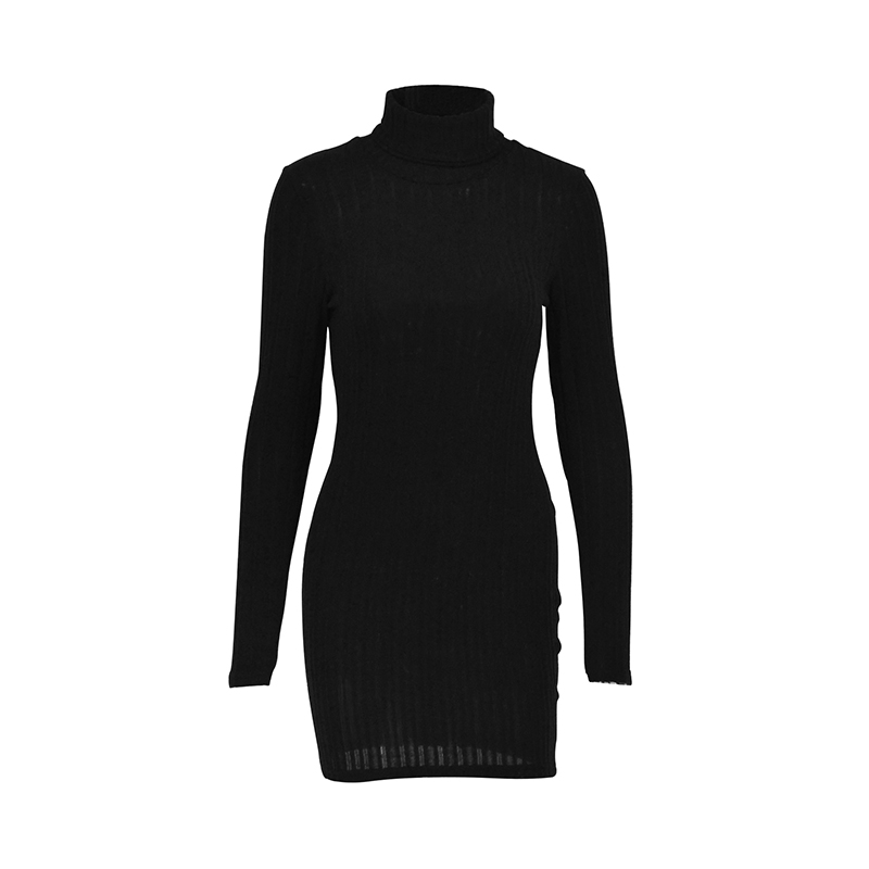 Ensfarget kjole kvinner fest høst vinter polotrend lange ermer sexy skjede minikjoler bodycon klubb strikket kjole