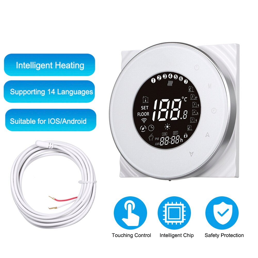 Smart Electric Heating Thermostat with Touchscreen LCD Display Weekly Programmable Room Temperature Controller 16A 95~240V GB: GB white no WiFi