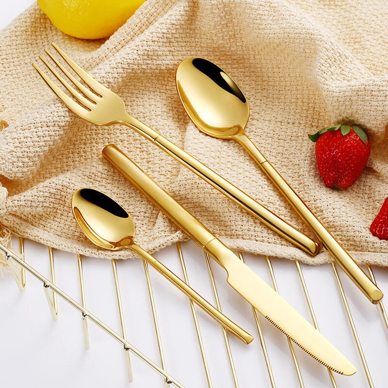 Spejl guld stål bestik sæt spisestel gaffel ske kniv sæt western restaurant rustfrit stål bordservice ske og gaffel sæt