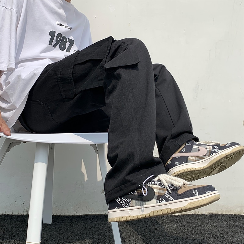 Black/white Casual Pants Men&#39;s Loose Straight Wide Leg Pants Men Streetwear Hip-hop Pocket Cargo Pants Mens Trousers