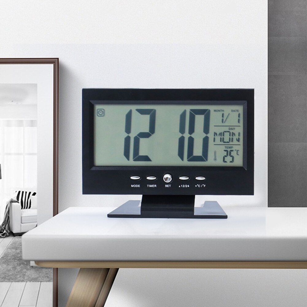 LCD Display Digital Snooze Function Electronic Alarm Clock Rectangle Shape Temperature Backlight Battery Powered Desk Bedroom