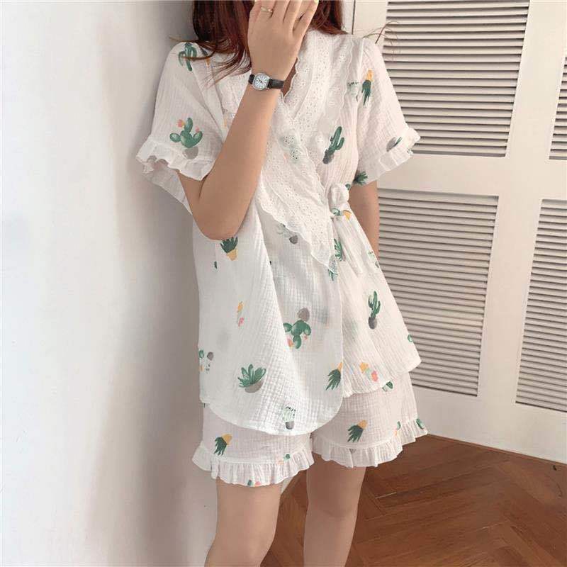 Japansk pyjamas til kvinder sommer bomuldsskåret pyjamas med jordbærprint kimono pyjamas komfortabelt nattøj 2 -delt sæt hjemmedragt: Zhhiwu