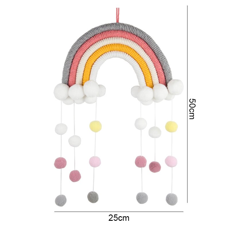 Färgglad regnbåge macrame vägghängande dekoration bomull tofs barnrum inredning boho barnkammare studenthem vävd pom pom boll prydnad