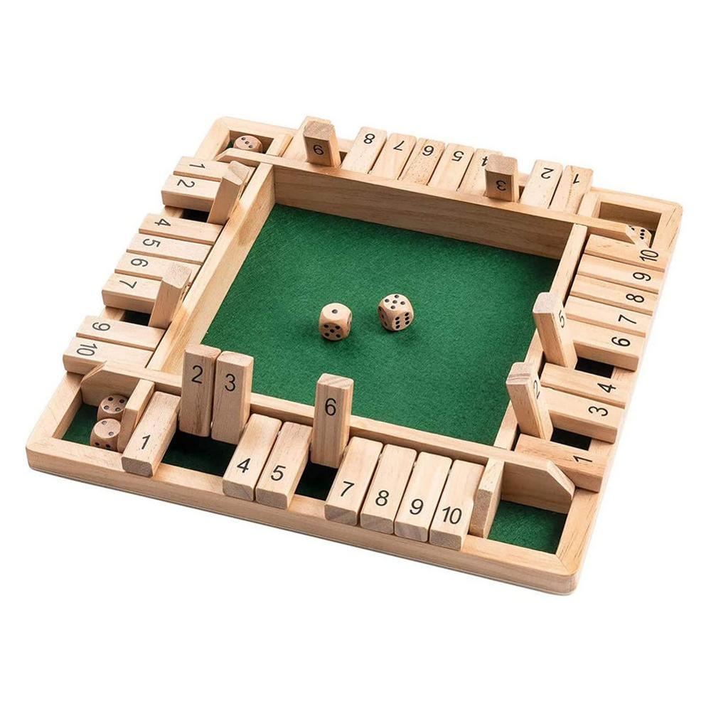 Shut The Box Dice Board Game 4 Sided 10 Number Wooden Flaps & Dices Game Set for 4 People Pub Bar Party Supplies