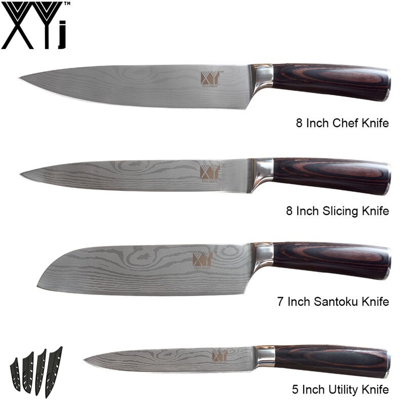 Xyj 6 stk rustfritt stål kjøkkenkniv høy karbon skarpt blad bøy håndtak kokk skjæringe santoku nytte skjærekniver: D.
