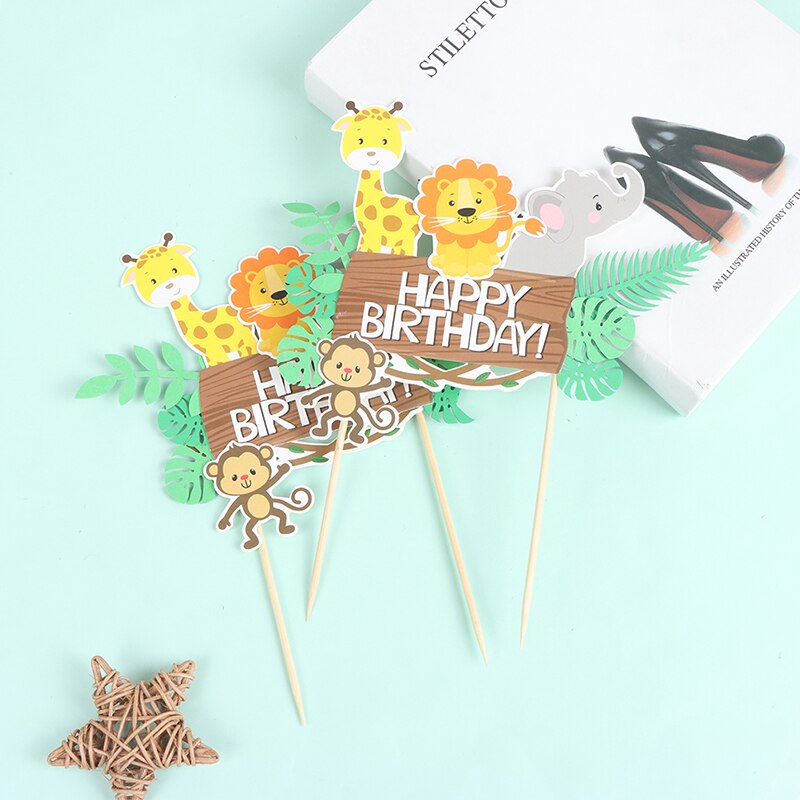 Décor de gâteau Safari Jungle, décor de fête d&#39;anniversaire, joyeux anniversaire, Lion, girafe, singe, 2022, 1 pièce