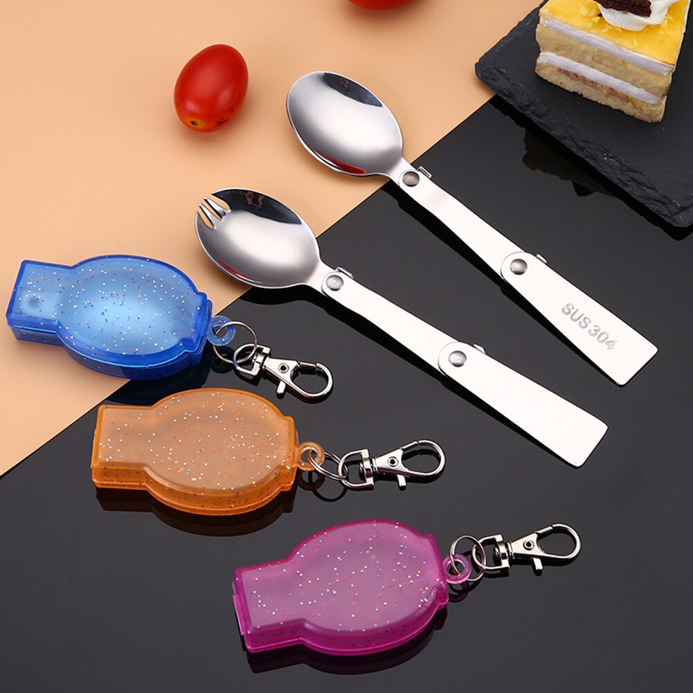 Stainless Steel Folding Pocket Spoon Spork Camping Utensil Portable Outdoor Travel Picnic Tableware Spoon with Storage Box