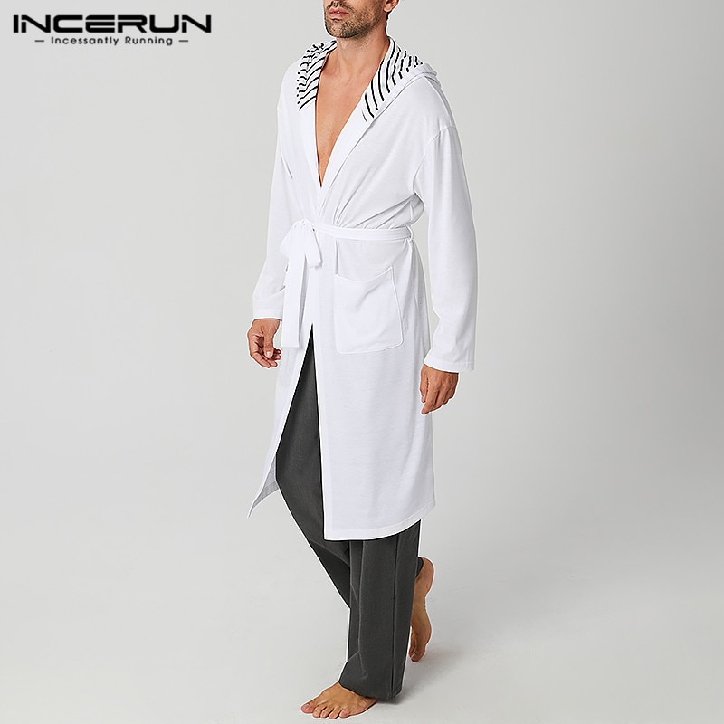 Long Sleeve Hooded Homewear Casual Pockets Comfy Bathrobe INCERUN Men Patchwork Sleep Robes Man Lace Up Nightgown 5XL 7