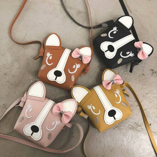 Kids Girl Mini Crossbody Bag Cute Dog Bowknot Handbag Child Shoulder Bag