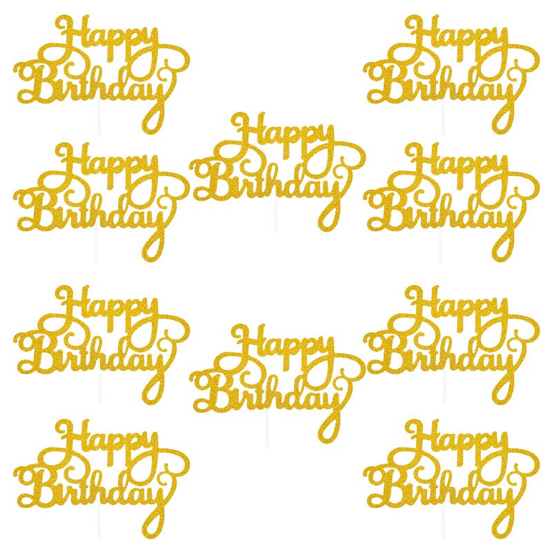 10pcs Glitter Happy Birthday Letter Cake Topper Sparkle Paper Cupcake Topper For Kids Birthday Party Baby Shower Dessert Decor: 10pcs Gold