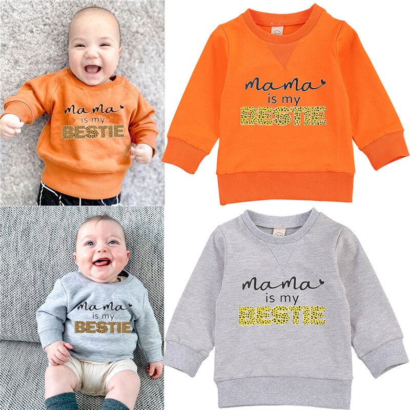 Vår höst barn baby kläder leopard brev tryck sweatshirt lång ärm rund krage tröjor toppar för pojkar flickor