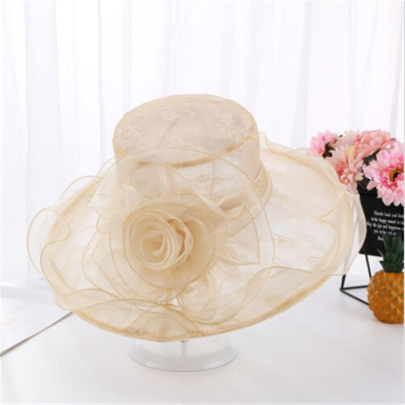 verano elegantes sombreros de playa para mujeres de ala ancha de encaje Floppy sombrero señora té gorras mujer playa UV sol gorros señora sombrero al aire libre: Beige