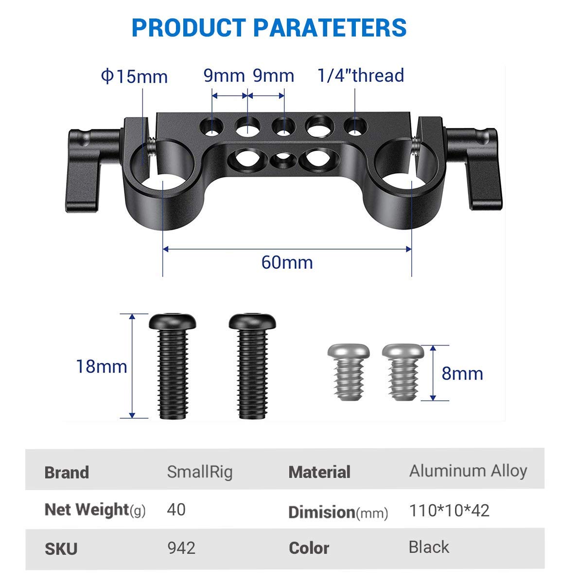 SmallRig Super lightweight 15mm RailBlock Rod Clamp with 1/4"-20 Thread for Red and Other 15mm DSLR Camera Rig -942