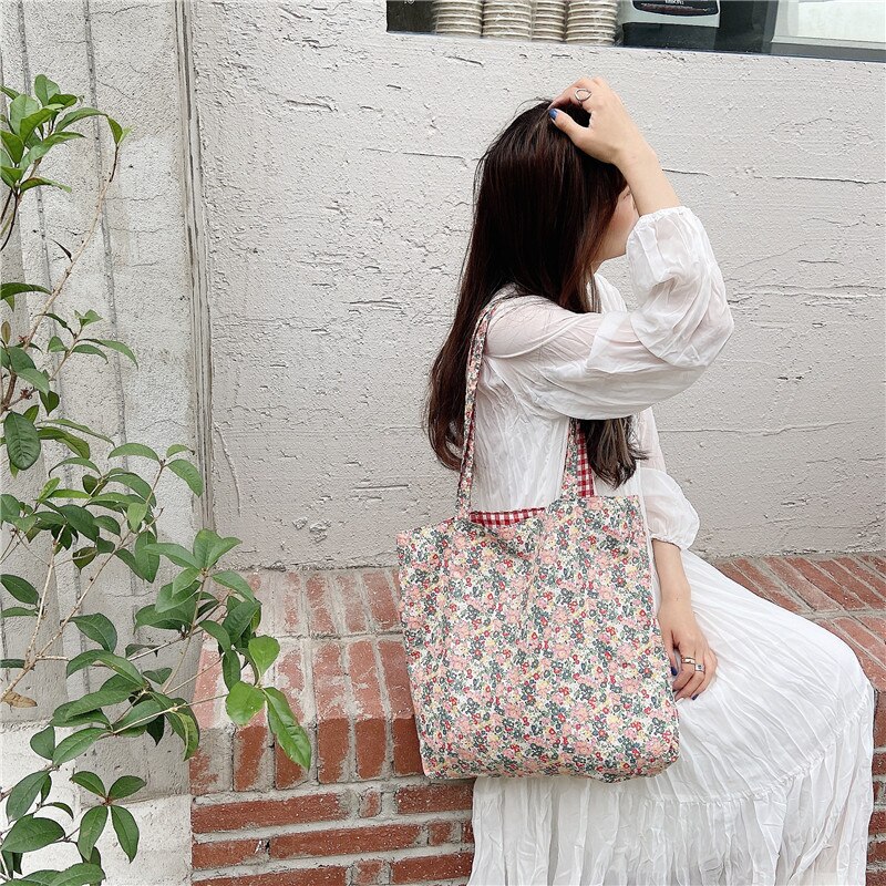 lässig Plaid Blume Frauen Einkaufstasche Große Kapazität Damen Täglichen Tote Handtaschen Baumwolle Tuch doppelseitige Mädchen Schulter Taschen
