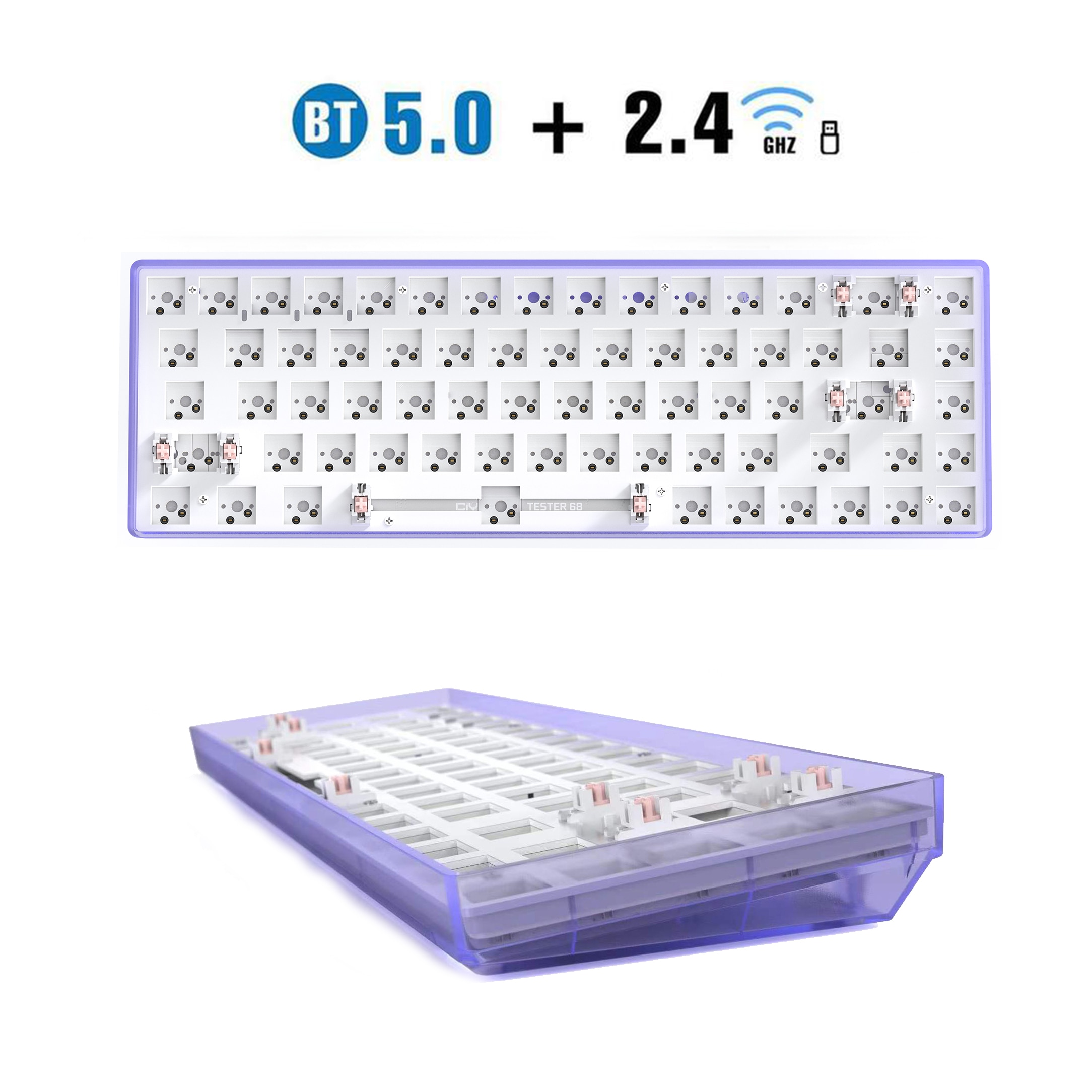 TESTER68 – Kit de clavier mécanique sans fil, Bluetooth 2.4G, 2 modes de jeu, 60%, pour interrupteur 3 broches/5 broches