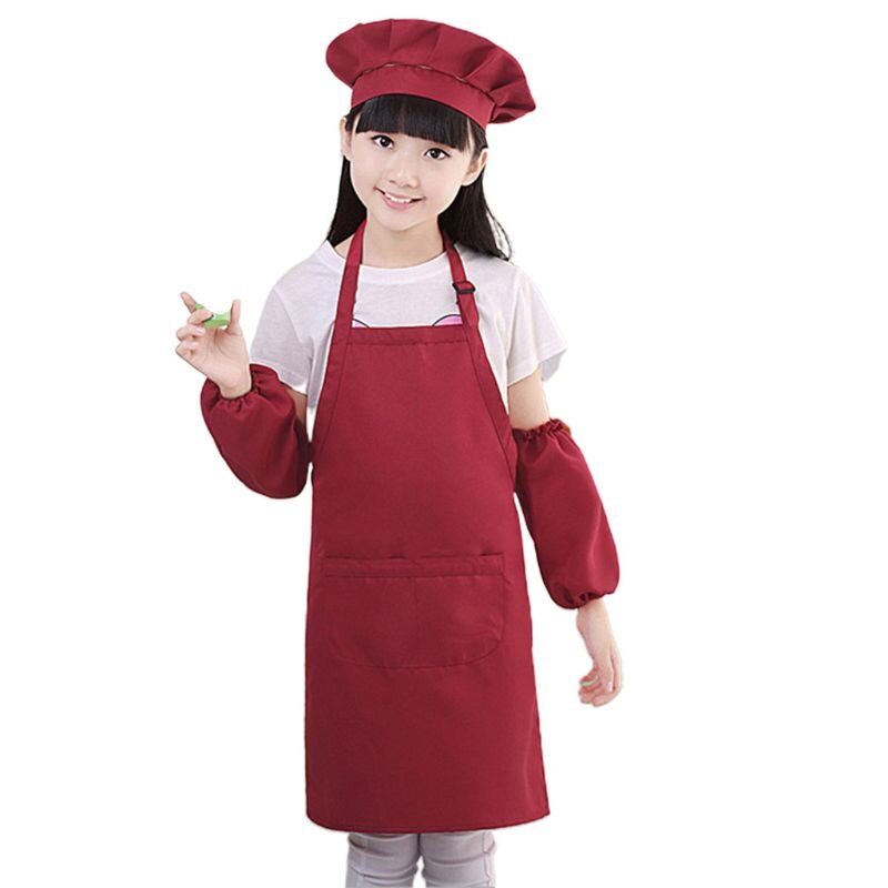 3Pcs/Set Kids Chef Hat Apron Sleeve Covers Set Boys Girls Adjustable Kitchen Bib with 2 Large Pockets for Cooking Baking Wear