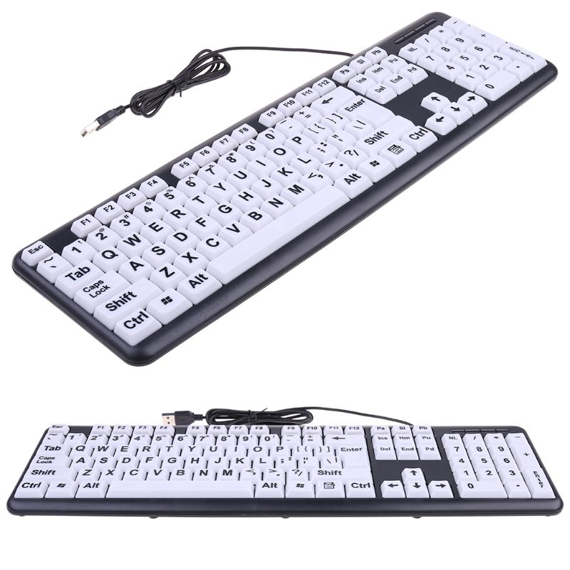 USB Wired PC Computer Game Gaming Keyboard High Contrast Large Print White Keys Black Letter for Old People Elderly Men