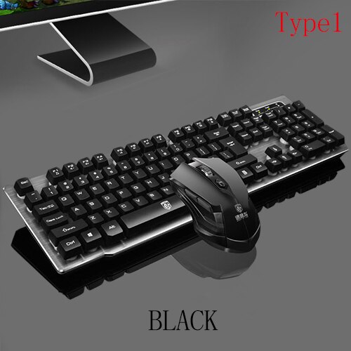 Imitation Mechanical Gaming Keyboard Mouse Combo Rechargeable Backlight Wireless Keyboard Alloy Panel Suitable For Computer Game: Type1 Black