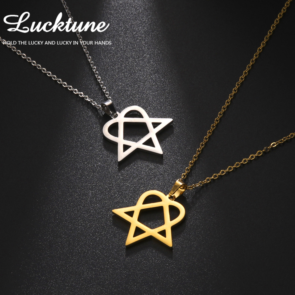 Lucktune-Collar colgante Heartagram estrella Collar de cadena pentagonal de corazón de acero inoxidable para mujeres de joyería de pareja