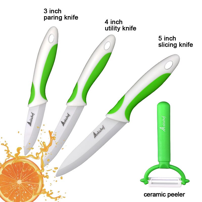 Kökskniv keramiska knivar 3 4 5 6 tum + skalare vitt blad skära frukt grönsakskock verktygskniv set matlagningsverktyg: 3 grönvita set