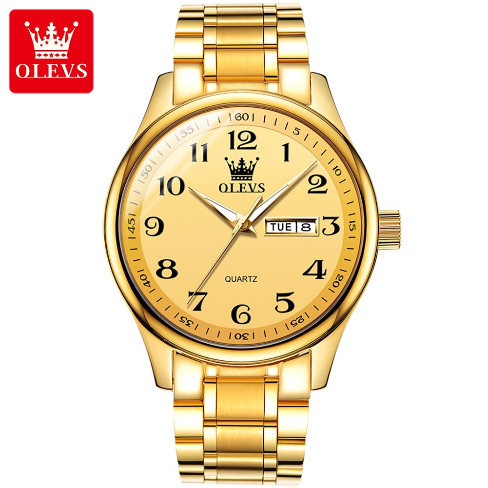 OLEVS-reloj de cuarzo clásico para hombre, cronógrafo de pulsera, esfera Digital, indicador de fecha y semana, luminoso, resistente al agua, dorado: Oro