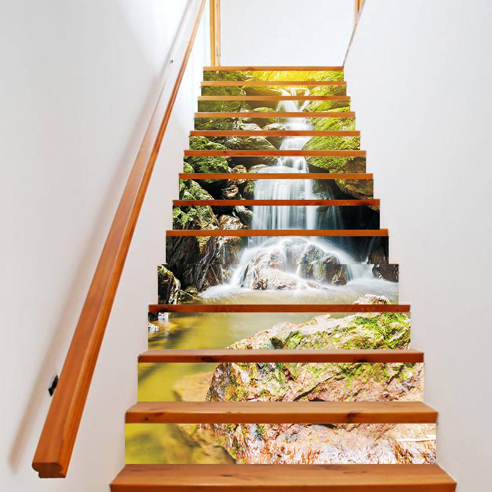13 unids/set 3D escaleras pegatinas impermeable desmontable auto-adhesivo pared piso calcomanías murales adhesivos decoración para el hogar cascada 18*100cm