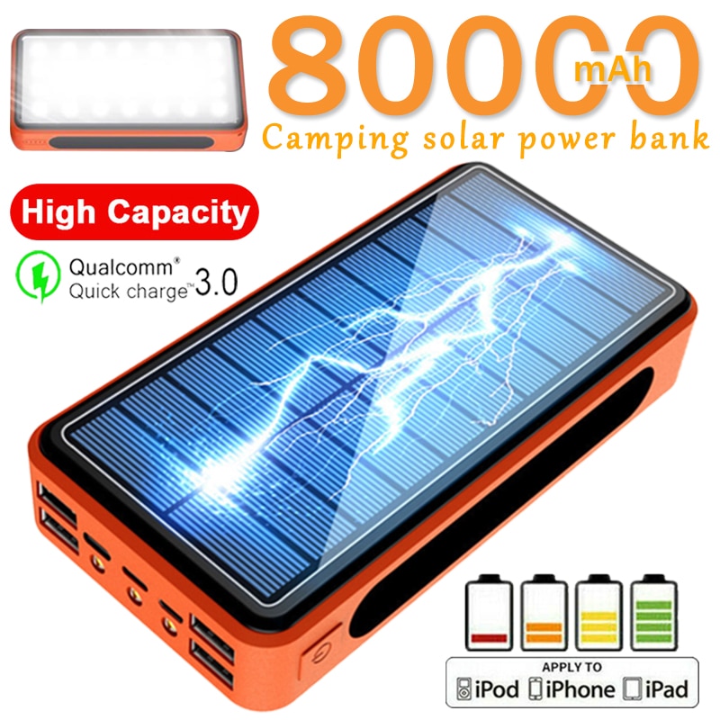 80000 mah solar-powerbank mit hoher kapazität, tragbares ladegerät für campinglampen, externer akku, 4 usb-anschlüsse, powerbank für smartphones 13 iphones