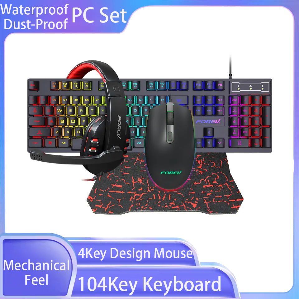 Zestaw komputerowy: klawiatura RGB USB przewodowa, mysz, słuchawki, podkładka pod mysz, klawiatura 104 klawiszy, mysz z 4 przyciskami, odczucie mechanicznego klikania myszy, wodoodporny, pyłoszczelny.