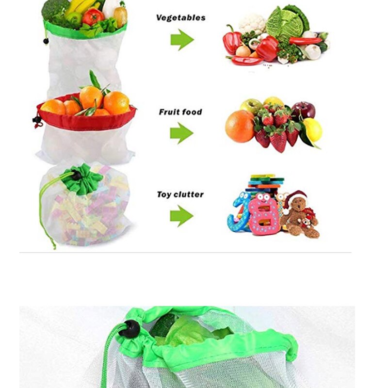 12pcs Herbruikbare Mesh Produceren Bags Wasbare Eco Vriendelijke Boodschappentassen voor Boodschappen Opslag Fruit Groente Speelgoed