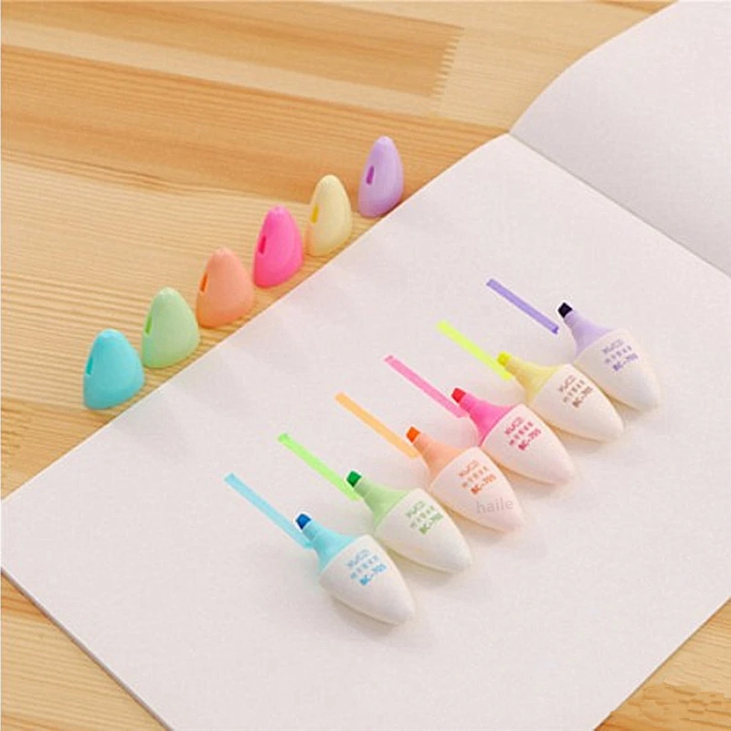 Juego de Mini pastillas resaltadoras Kawaii, rotulador fluorescente con cara sonriente, suministro de papelería artística para escuela y oficina, 6 uds.: YELLOW