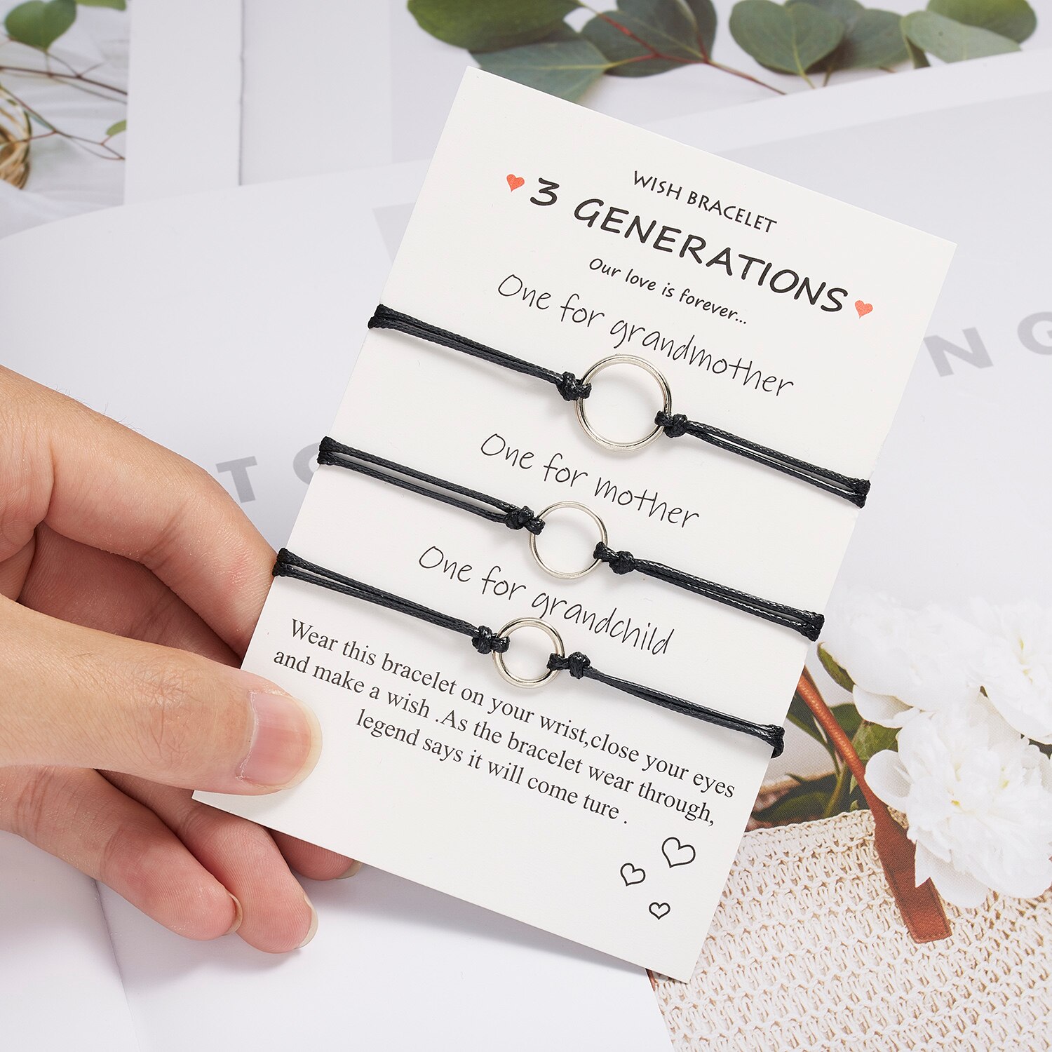 2pcs/set Heart Circle Beads Charm Bracelets For Women Girls Handmade Black Thread Bracelets Jewelry With Card Mother's Day