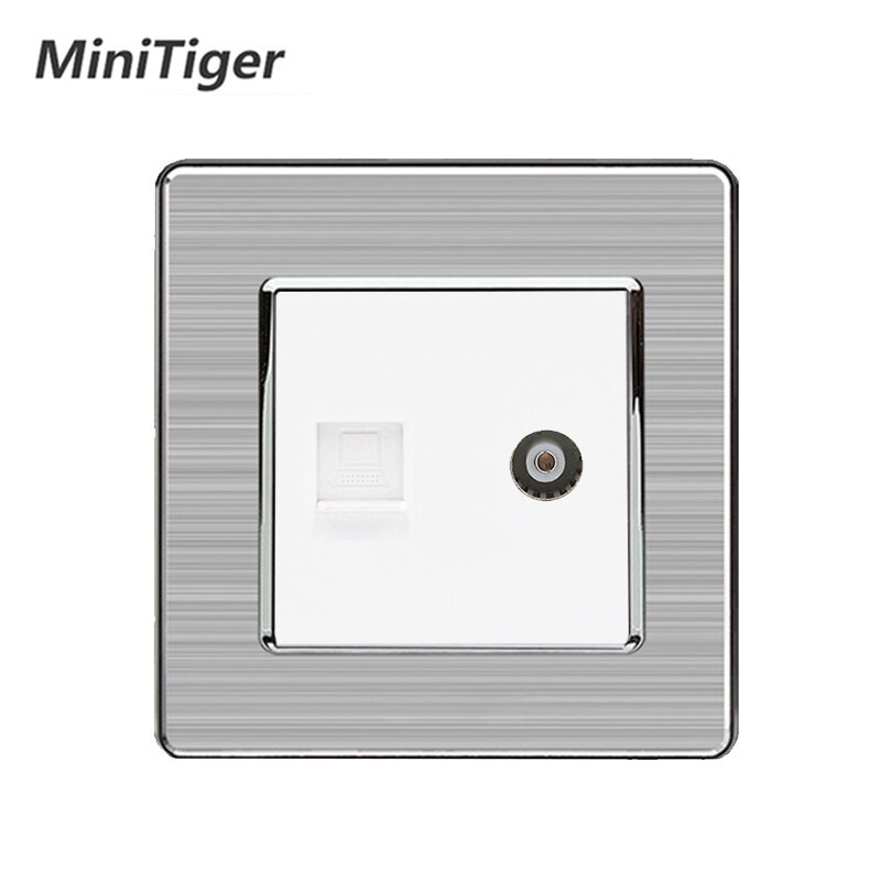 Minitiger 2Gang RJ45 Internet Data Computer Jack CAT5E Connector With Female TV Outlet Stainless Steel Brushed Panel Wall Socket: White
