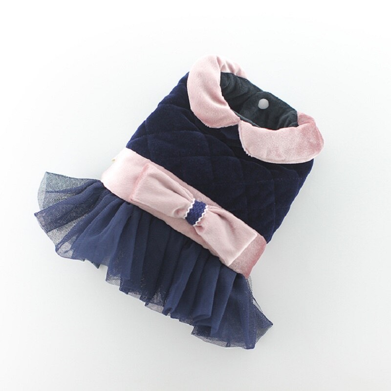 Herfst Prinses Hond Jurk Puppy Rok Tule Strik Bulldog Teddy Luxe Fleece Warme Kleren: Marineblauw / XS