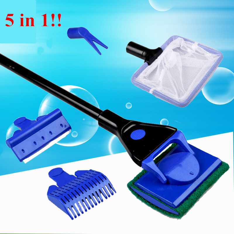 5 In 1 Aquarium Cleaning Tools Aquarium Tank Schoon Set Fish Net Grindhark Algen Schraper Vork Spons Borstel Glas cleaner