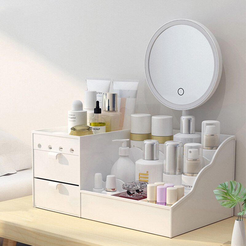 LED Mirror Makeup Organizer Bathroom Large Capacity Drawer Makeup Storage Box Skin Care Dressing Table Girl Cosmetic Beauty Case: White with mirror / 28x17x13CM