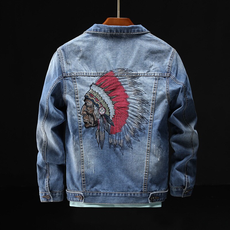 Prowow Streetwear Men Jacket Retro Blue Indian Chief Embroidery Denim Jackets Men Size M-6XL Hip Hop Punk Coats