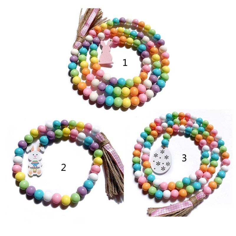 Nordic Easter Wood Bead Garland with Tassels Farmhouse Beads Rustic Country Decor Kid Room Wall Hanging Ornament Home Decor