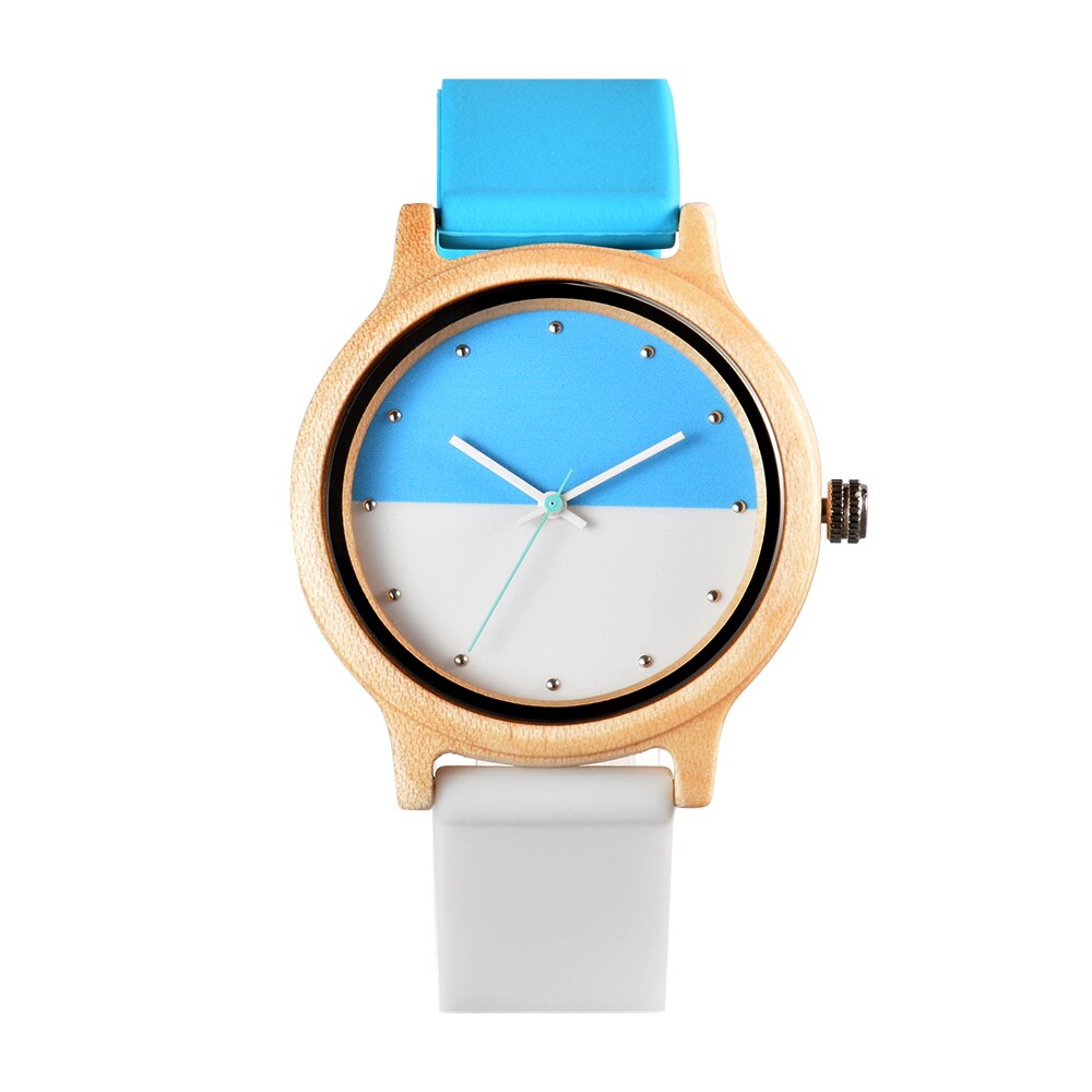 Criativo dois-cor costura relógio de madeira para homem feminino moda doce cor silicone relógio de pulso senhoras quartzo relojes hombre: blue white