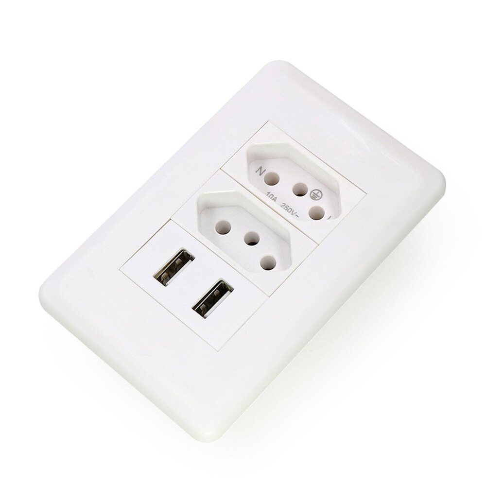 Brazil Wall Socket with Dual USB Electric 3Pin Plug Double Outlet 10A Plate Power Charger 2 Gang for South American Africa India