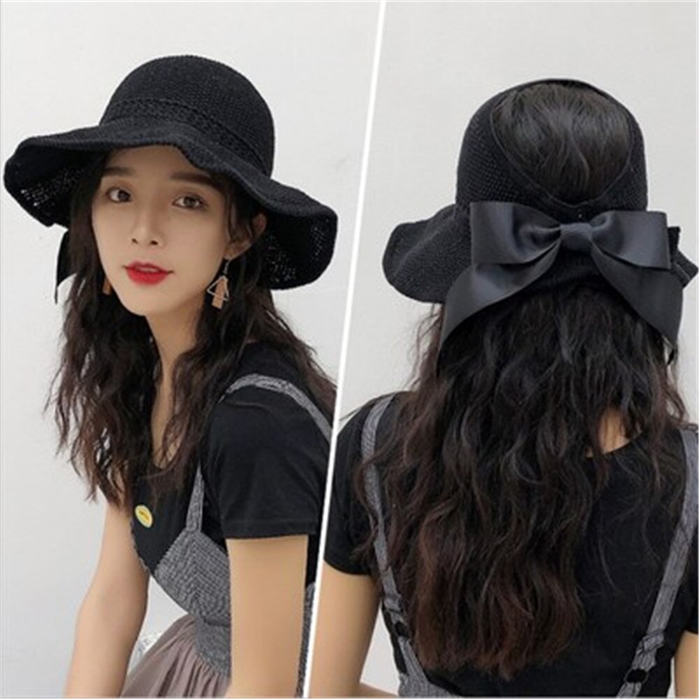 Cappello da spiaggia pieghevole portatile 2021 nuovo cappello da sole a tesa larga Bowknot visiera Casual estiva con cappuccio in paglia per cappello da donna con secchiello