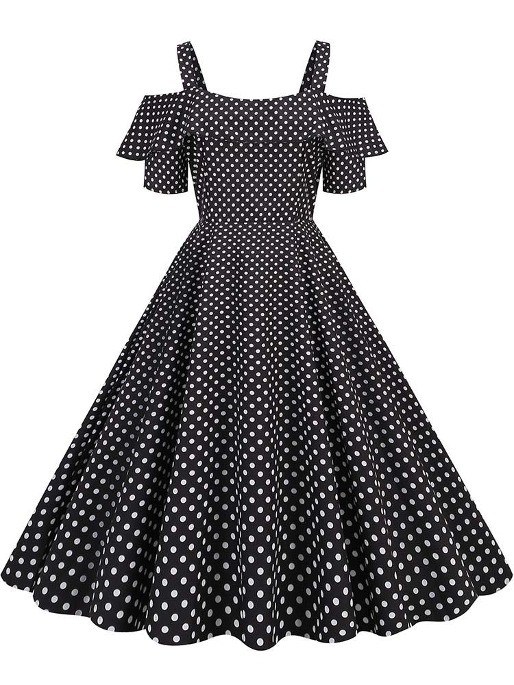 Vestido de Vintage con hombros descubiertos, vestidos Midi de línea A con volantes y lunares de verano para mujer